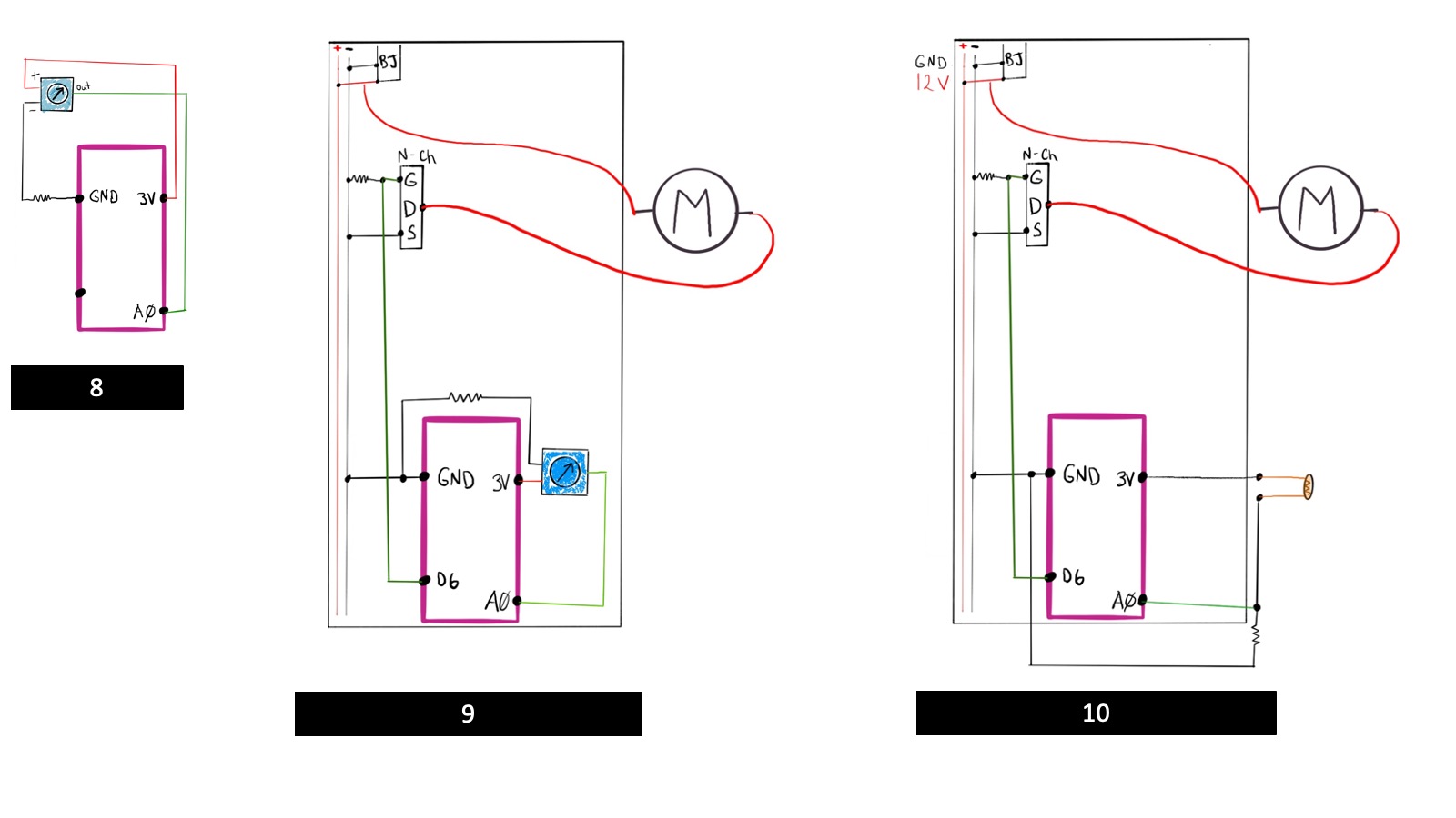 Schematics for challenges 8 to 10