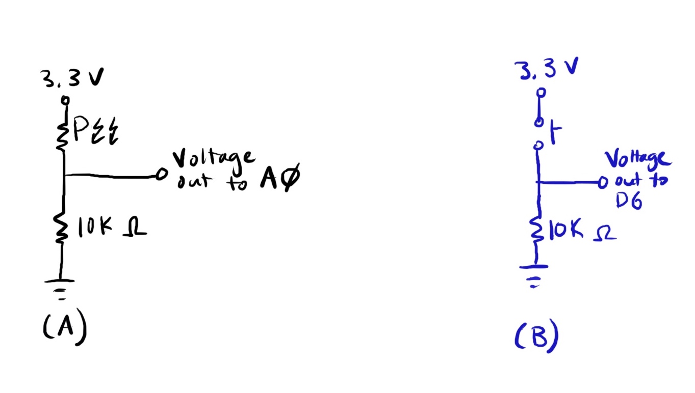 photoresistor and push-button voltage dividers