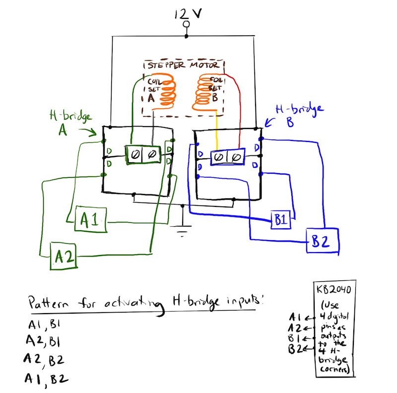 stepper motor wired to H-bridges