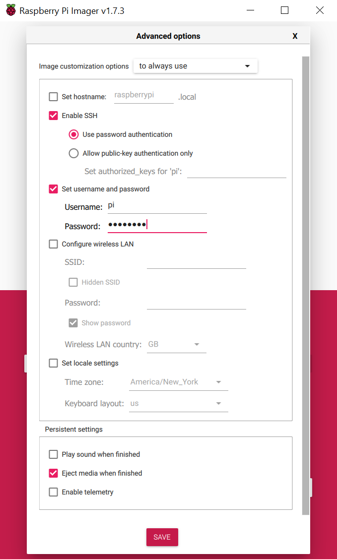 Raspberry Pi Imager advanced options